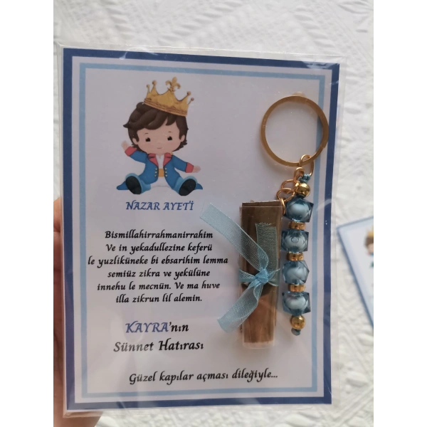 32 Adet Kişiye Özel Nazar Ayeti Sünnet Hatırası Mavi Anahtarlık ve Kına Dağıtmalık Hediyelik