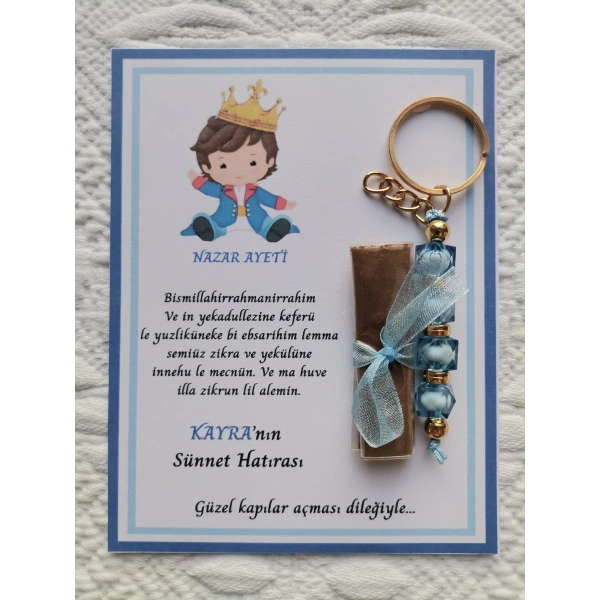 32 Adet Kişiye Özel Nazar Ayeti Sünnet Hatırası Mavi Anahtarlık ve Kına Dağıtmalık Hediyelik