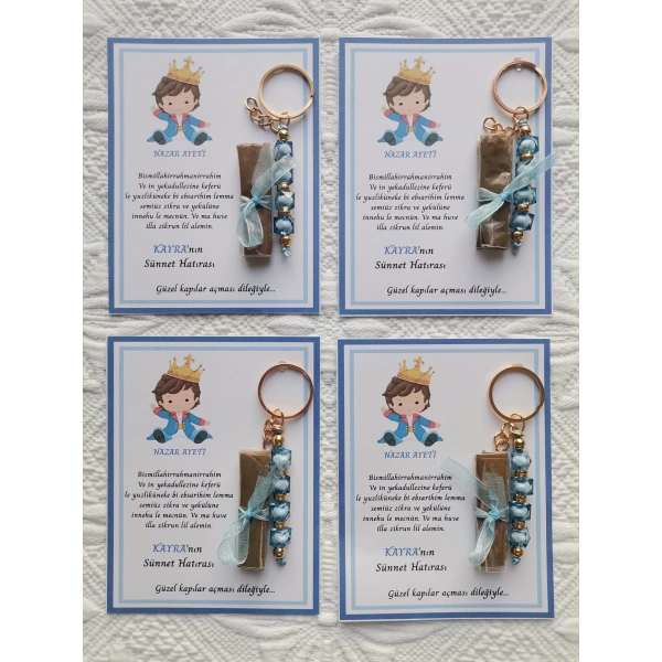 32 Adet Kişiye Özel Nazar Ayeti Sünnet Hatırası Mavi Anahtarlık ve Kına Dağıtmalık Hediyelik