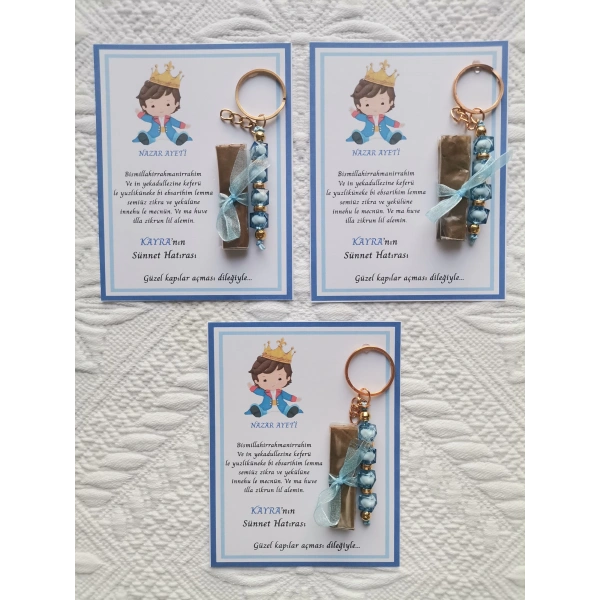 32 Adet Kişiye Özel Nazar Ayeti Sünnet Hatırası Mavi Anahtarlık ve Kına Dağıtmalık Hediyelik
