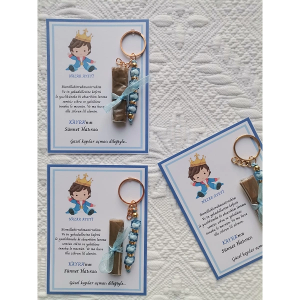 32 Adet Kişiye Özel Nazar Ayeti Sünnet Hatırası Mavi Anahtarlık ve Kına Dağıtmalık Hediyelik