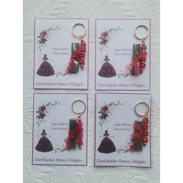48 Adet Kişiye Özel Kına Hatırası Kırmızı Anahtarlık ve Paketlenmiş Kına Dağıtmalık Hediyelik