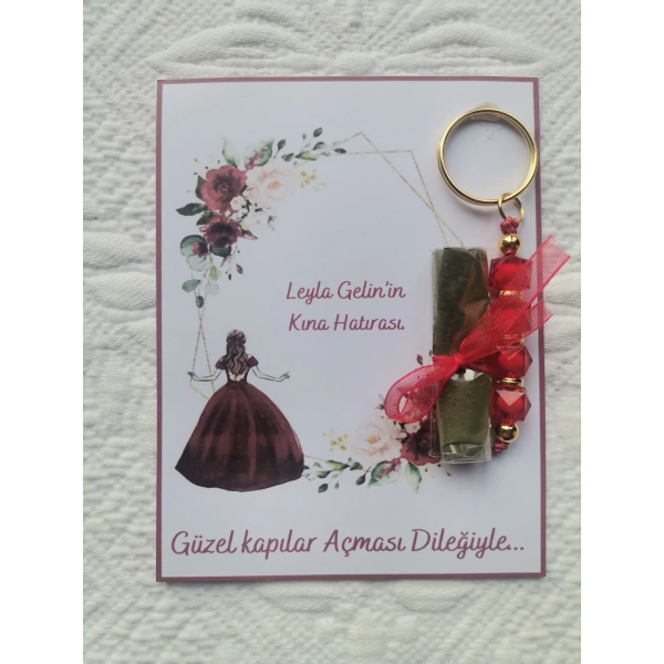 48 Adet Kişiye Özel Kına Hatırası Kırmızı Anahtarlık ve Paketlenmiş Kına Dağıtmalık Hediyelik