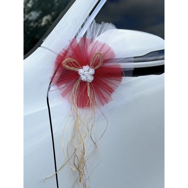 5 Adet Beyaz Kırmızı Kristal Tül Beyaz Latex Gül Doğal Rafya Detaylı Düğün Nikah Kına Sünnet Konvoy Süsü