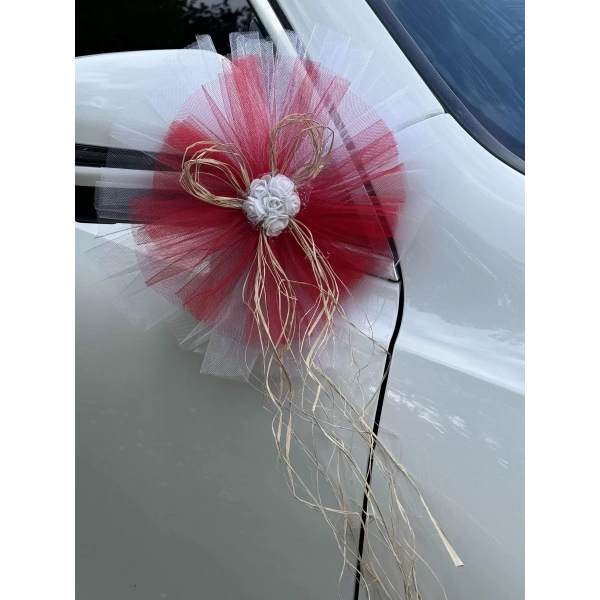 5 Adet Beyaz Kırmızı Kristal Tül Beyaz Latex Gül Doğal Rafya Detaylı Düğün Nikah Kına Sünnet Konvoy Süsü