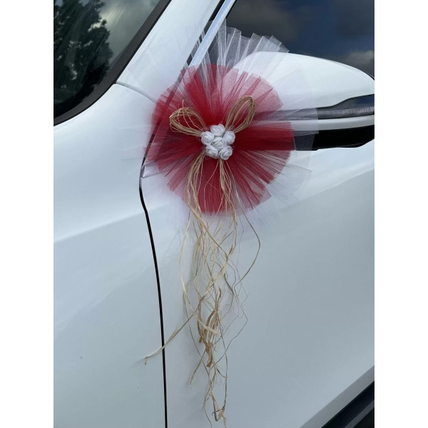 5 Adet Beyaz Kırmızı Kristal Tül Beyaz Latex Gül Doğal Rafya Detaylı Düğün Nikah Kına Sünnet Konvoy Süsü