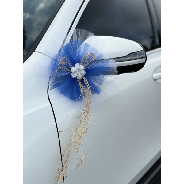 10 Adet Beyaz Mavi Kristal Tül Beyaz Latex Gül Doğal Rafya Detaylı Düğün Nikah Kına Sünnet Konvoy Süsü