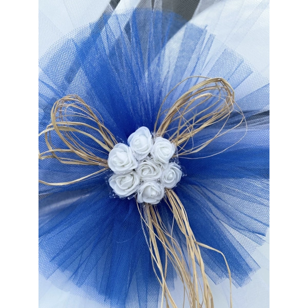 10 Adet Beyaz Mavi Kristal Tül Beyaz Latex Gül Doğal Rafya Detaylı Düğün Nikah Kına Sünnet Konvoy Süsü