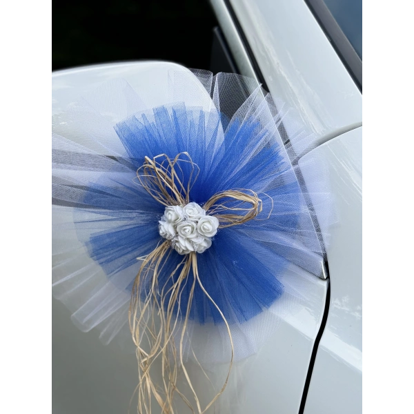 10 Adet Beyaz Mavi Kristal Tül Beyaz Latex Gül Doğal Rafya Detaylı Düğün Nikah Kına Sünnet Konvoy Süsü