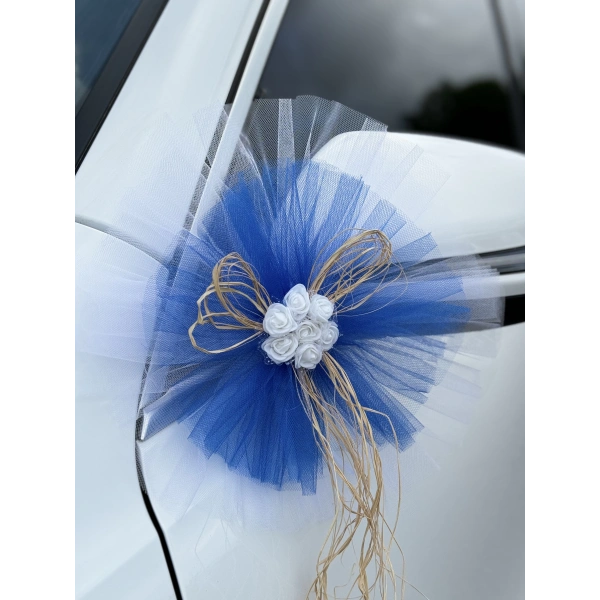 10 Adet Beyaz Mavi Kristal Tül Beyaz Latex Gül Doğal Rafya Detaylı Düğün Nikah Kına Sünnet Konvoy Süsü