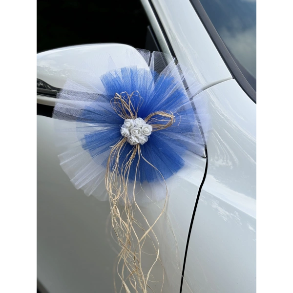 10 Adet Beyaz Mavi Kristal Tül Beyaz Latex Gül Doğal Rafya Detaylı Düğün Nikah Kına Sünnet Konvoy Süsü