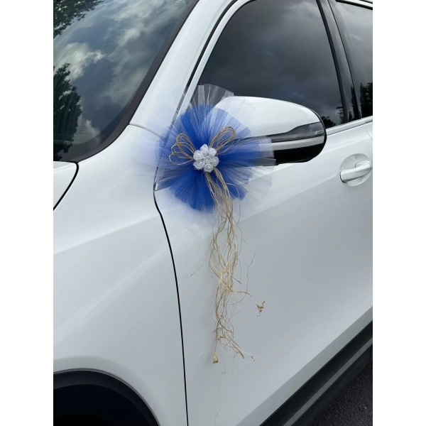 10 Adet Beyaz Mavi Kristal Tül Beyaz Latex Gül Doğal Rafya Detaylı Düğün Nikah Kına Sünnet Konvoy Süsü