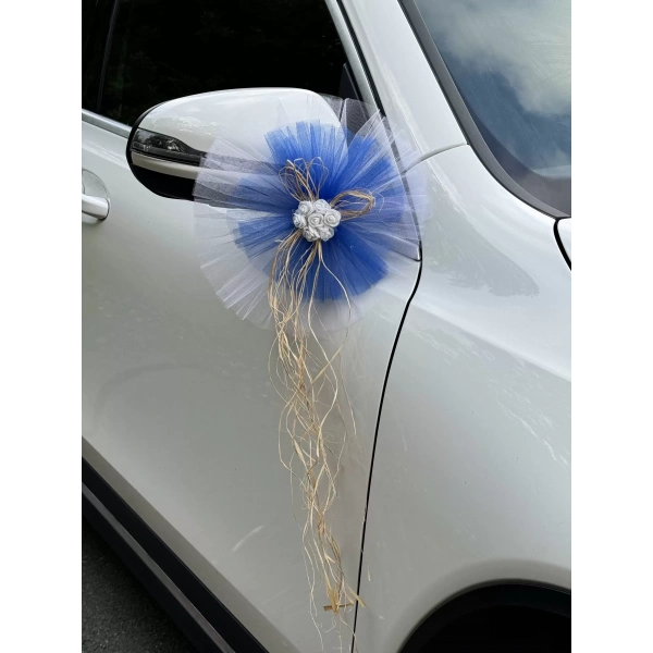 10 Adet Beyaz Mavi Kristal Tül Beyaz Latex Gül Doğal Rafya Detaylı Düğün Nikah Kına Sünnet Konvoy Süsü