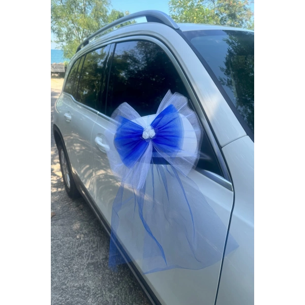 10 Adet Beyaz Mavi Kristal Tül Beyaz Latex Gül Kuyruk Detaylı Düğün Nikah Kına Sünnet Konvoy Süsü