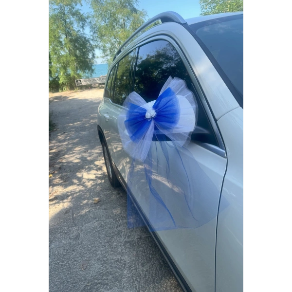 10 Adet Beyaz Mavi Kristal Tül Beyaz Latex Gül Kuyruk Detaylı Düğün Nikah Kına Sünnet Konvoy Süsü