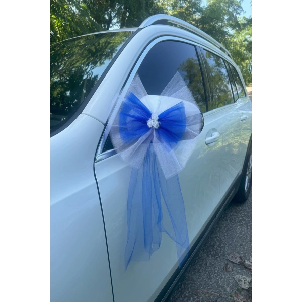 10 Adet Beyaz Mavi Kristal Tül Beyaz Latex Gül Kuyruk Detaylı Düğün Nikah Kına Sünnet Konvoy Süsü