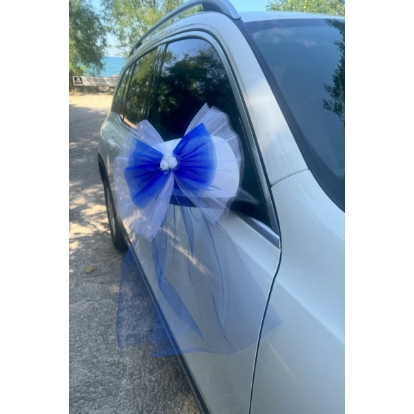 10 Adet Beyaz Mavi Kristal Tül Beyaz Latex Gül Kuyruk Detaylı Düğün Nikah Kına Sünnet Konvoy Süsü