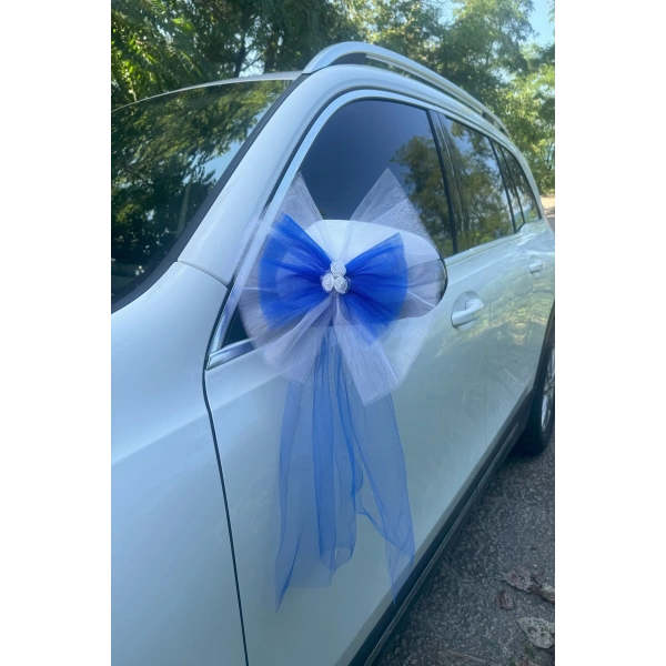 10 Adet Beyaz Mavi Kristal Tül Beyaz Latex Gül Kuyruk Detaylı Düğün Nikah Kına Sünnet Konvoy Süsü