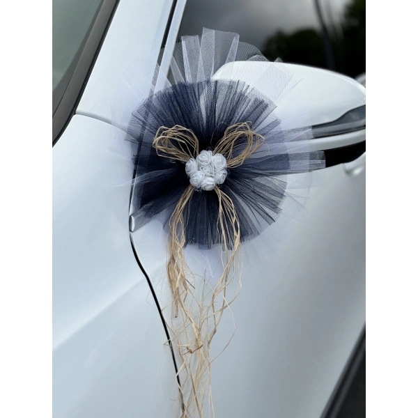 5 Adet Beyaz Siyah Kristal Tül Beyaz Latex Gül Doğal Rafya Detaylı Düğün Nikah Kına Sünnet Konvoy Süsü