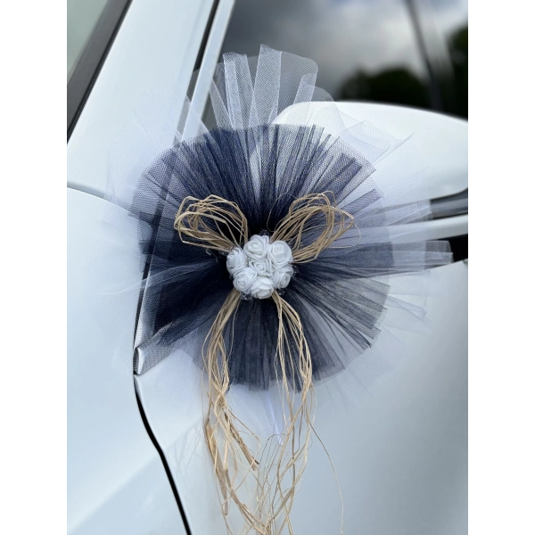 5 Adet Beyaz Siyah Kristal Tül Beyaz Latex Gül Doğal Rafya Detaylı Düğün Nikah Kına Sünnet Konvoy Süsü