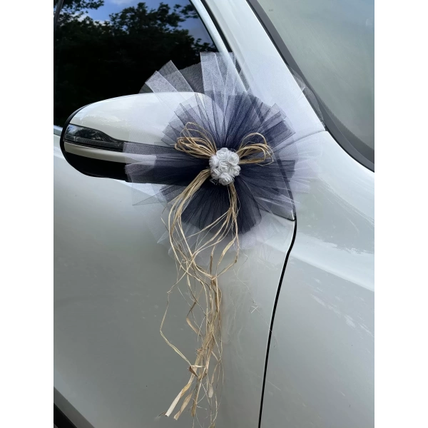 5 Adet Beyaz Siyah Kristal Tül Beyaz Latex Gül Doğal Rafya Detaylı Düğün Nikah Kına Sünnet Konvoy Süsü