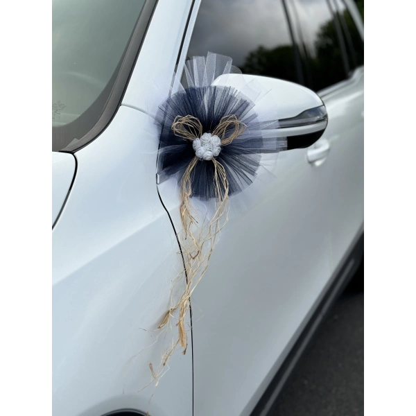 5 Adet Beyaz Siyah Kristal Tül Beyaz Latex Gül Doğal Rafya Detaylı Düğün Nikah Kına Sünnet Konvoy Süsü