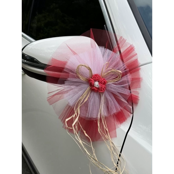 20 Adet Kırmızı Beyaz Kristal Tül Kırmızı Latex Gül Doğal Rafya Detaylı Düğün Nikah Kına Sünnet Konvoy Süsü