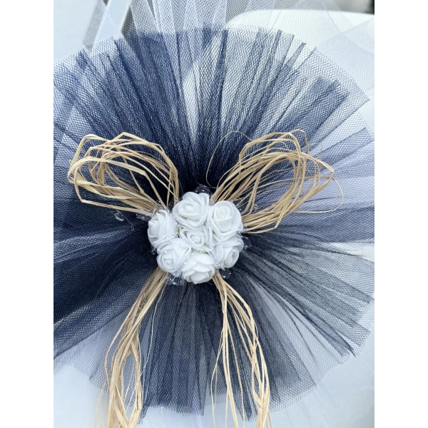 5 Adet Beyaz Siyah Kristal Tül Beyaz Latex Gül Doğal Rafya Detaylı Düğün Nikah Kına Sünnet Konvoy Süsü