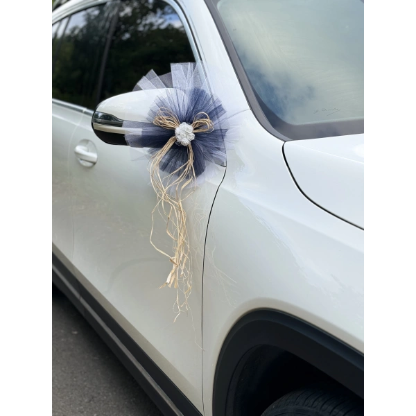 5 Adet Beyaz Siyah Kristal Tül Beyaz Latex Gül Doğal Rafya Detaylı Düğün Nikah Kına Sünnet Konvoy Süsü