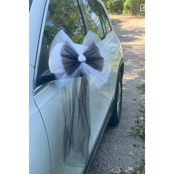 20 Adet Beyaz Siyah Kristal Tül Beyaz Latex Gül Kuyruk Detaylı Düğün Nikah Kına Sünnet Konvoy Süsü