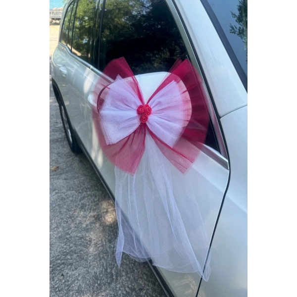 5 Adet Kırmızı Beyaz Kristal Tül Kırmızı Latex Gül Kuyruk Detaylı Düğün Nikah Kına Sünnet Konvoy Süsü