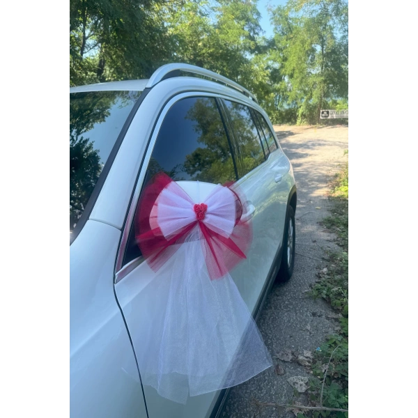 5 Adet Kırmızı Beyaz Kristal Tül Kırmızı Latex Gül Kuyruk Detaylı Düğün Nikah Kına Sünnet Konvoy Süsü