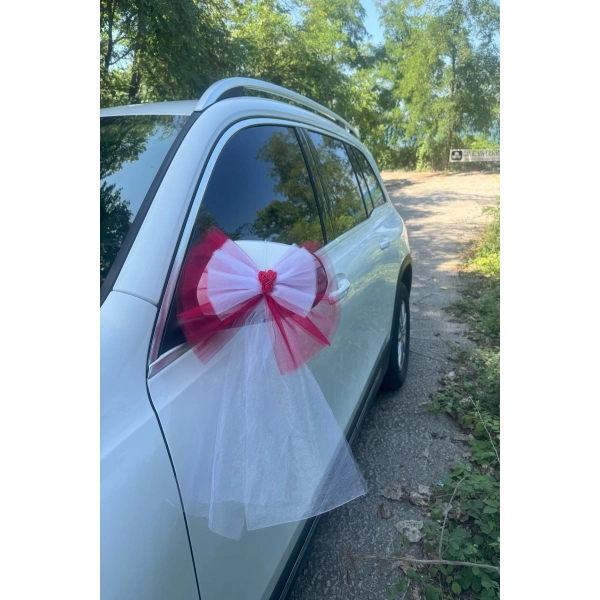 5 Adet Kırmızı Beyaz Kristal Tül Kırmızı Latex Gül Kuyruk Detaylı Düğün Nikah Kına Sünnet Konvoy Süsü