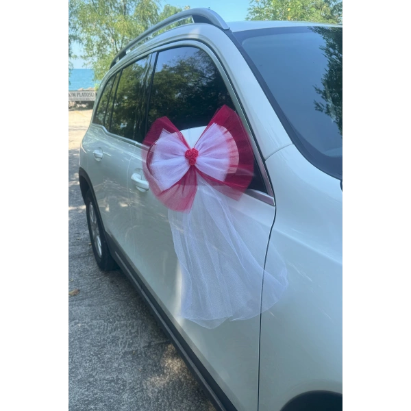 5 Adet Kırmızı Beyaz Kristal Tül Kırmızı Latex Gül Kuyruk Detaylı Düğün Nikah Kına Sünnet Konvoy Süsü