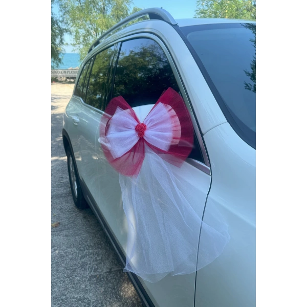 5 Adet Kırmızı Beyaz Kristal Tül Kırmızı Latex Gül Kuyruk Detaylı Düğün Nikah Kına Sünnet Konvoy Süsü