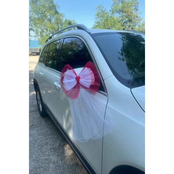 5 Adet Kırmızı Beyaz Kristal Tül Kırmızı Latex Gül Kuyruk Detaylı Düğün Nikah Kına Sünnet Konvoy Süsü