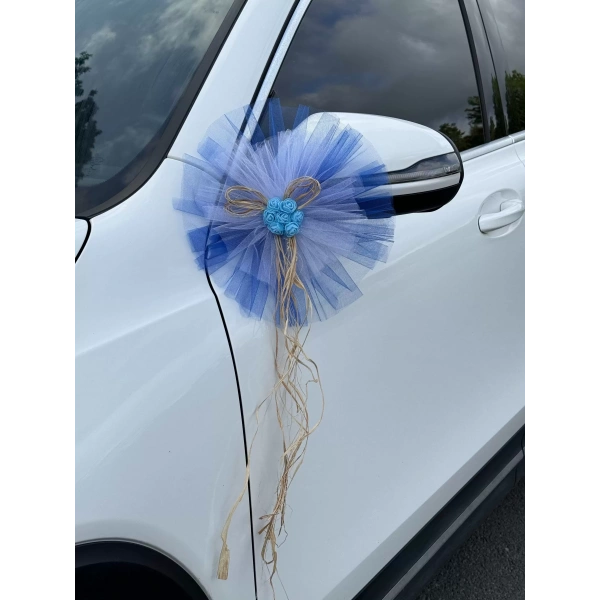 5 Adet Mavi Beyaz Kristal Tül Mavi Latex Gül Doğal Rafya Detaylı Düğün Nikah Kına Sünnet Konvoy Süsü