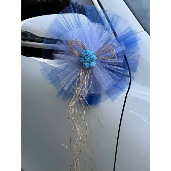 5 Adet Mavi Beyaz Kristal Tül Mavi Latex Gül Doğal Rafya Detaylı Düğün Nikah Kına Sünnet Konvoy Süsü