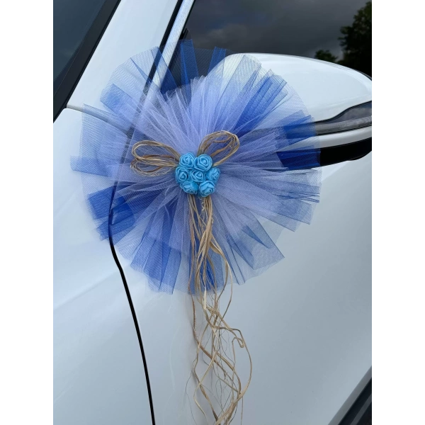 5 Adet Mavi Beyaz Kristal Tül Mavi Latex Gül Doğal Rafya Detaylı Düğün Nikah Kına Sünnet Konvoy Süsü