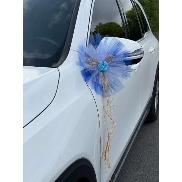 5 Adet Mavi Beyaz Kristal Tül Mavi Latex Gül Doğal Rafya Detaylı Düğün Nikah Kına Sünnet Konvoy Süsü