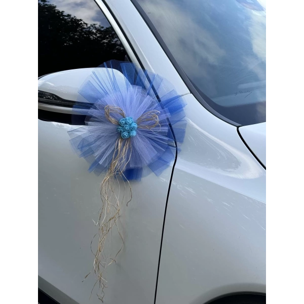 5 Adet Mavi Beyaz Kristal Tül Mavi Latex Gül Doğal Rafya Detaylı Düğün Nikah Kına Sünnet Konvoy Süsü