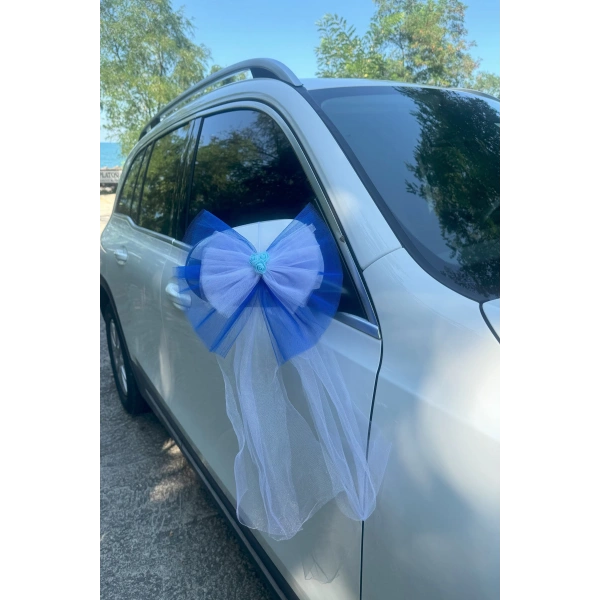 30 Adet Mavi Beyaz Kristal Tül Mavi Latex Gül Kuyruk Detaylı Düğün Nikah Kına Sünnet Konvoy Süsü