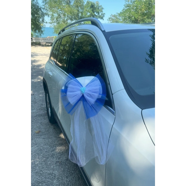 30 Adet Mavi Beyaz Kristal Tül Mavi Latex Gül Kuyruk Detaylı Düğün Nikah Kına Sünnet Konvoy Süsü