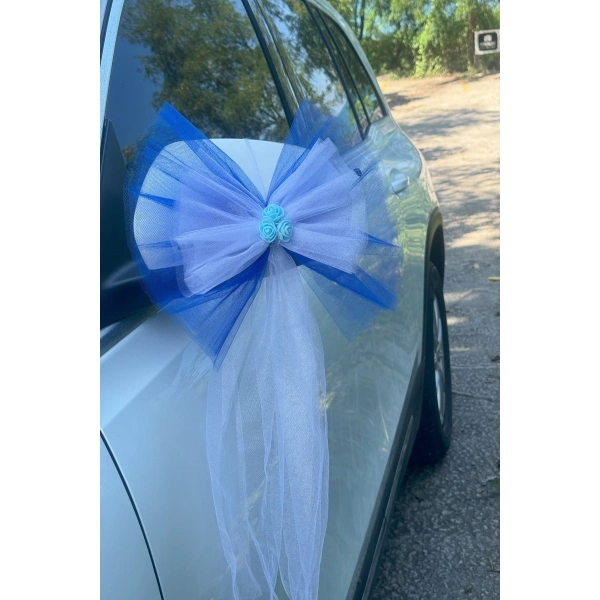 30 Adet Mavi Beyaz Kristal Tül Mavi Latex Gül Kuyruk Detaylı Düğün Nikah Kına Sünnet Konvoy Süsü