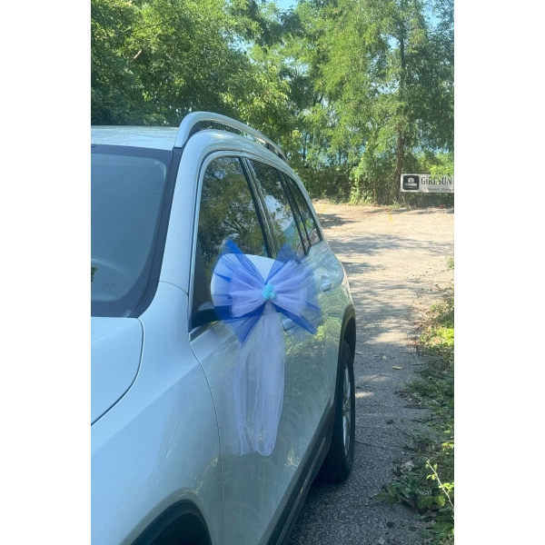 30 Adet Mavi Beyaz Kristal Tül Mavi Latex Gül Kuyruk Detaylı Düğün Nikah Kına Sünnet Konvoy Süsü