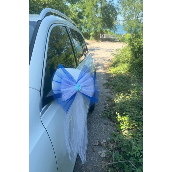 30 Adet Mavi Beyaz Kristal Tül Mavi Latex Gül Kuyruk Detaylı Düğün Nikah Kına Sünnet Konvoy Süsü