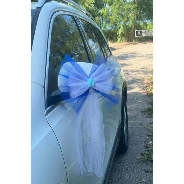30 Adet Mavi Beyaz Kristal Tül Mavi Latex Gül Kuyruk Detaylı Düğün Nikah Kına Sünnet Konvoy Süsü