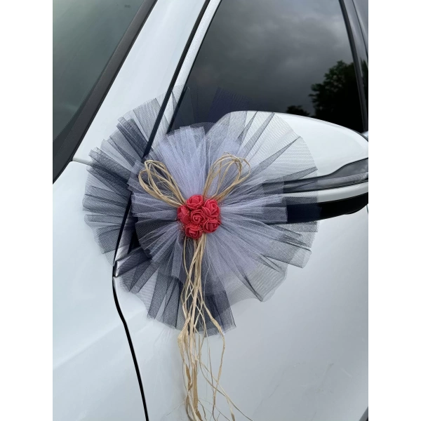 10 Adet Siyah Beyaz Kristal Tül Kırmızı Latex Gül Doğal Rafya Detaylı Düğün Nikah Kına Sünnet Konvoy Süsü