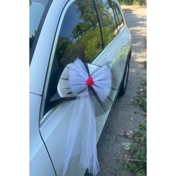 30 Adet Siyah Beyaz Kristal Tül Kırmızı Latex Gül Kuyruk Detaylı Düğün Nikah Kına Sünnet Konvoy Süsü