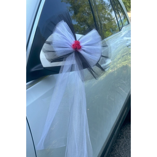 30 Adet Siyah Beyaz Kristal Tül Kırmızı Latex Gül Kuyruk Detaylı Düğün Nikah Kına Sünnet Konvoy Süsü